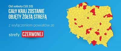 żółta mapa polski, z na czerwono zaznaczonymi niektórymi powiatami, niebieskie tło, napis "Od soboty (10.10) cały kraj zostanie objęty żółta strefą z wyłączeniem powiatów ze stresy czerwonej".